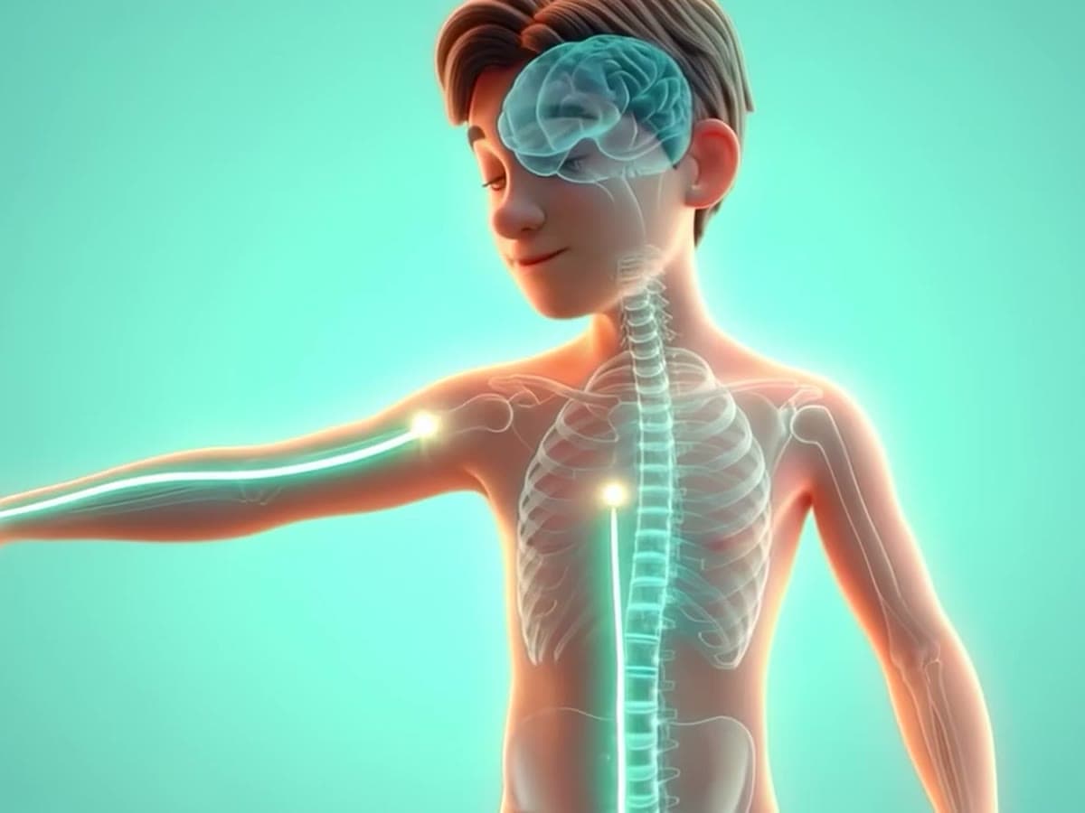 Illustration of a nerve pathway lit up from the neck down an outstretched arm