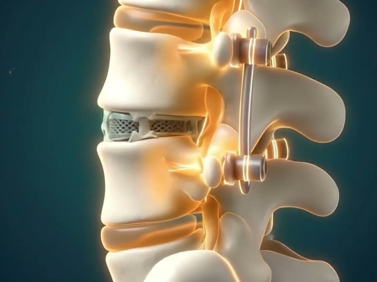 Illustration of lumbar fusion hardware: screws, rods and an interbody cage
