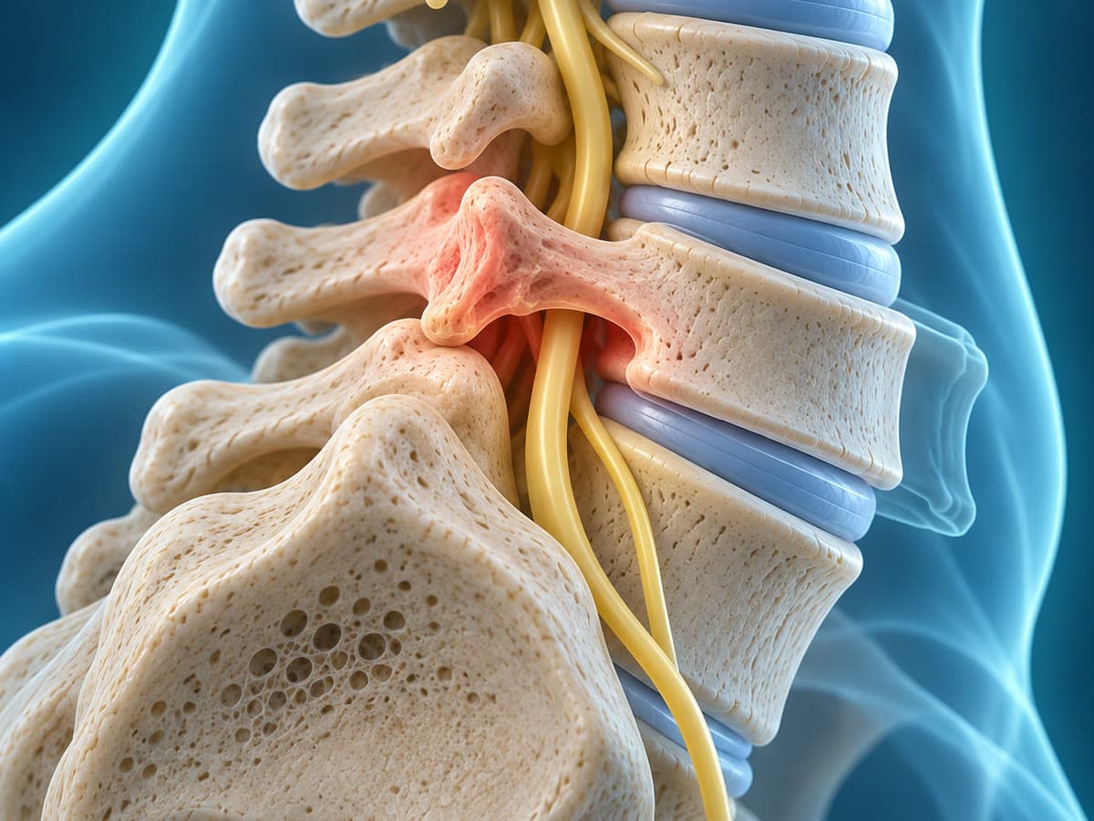 Illustration of one lower back vertebra slipped forward over the one below